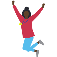 Illustration: Kvinna med medalj om halsen hoppar med armarna över huvudet